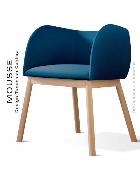 Fauteuil Mousse, piétement bois hêtre naturel, assise et dossier garnie, habillage tissu bleu pétrol