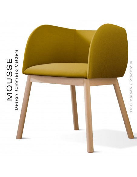 Fauteuil Mousse, piétement bois hêtre naturel, assise et dossier garnie, habillage tissu jaune