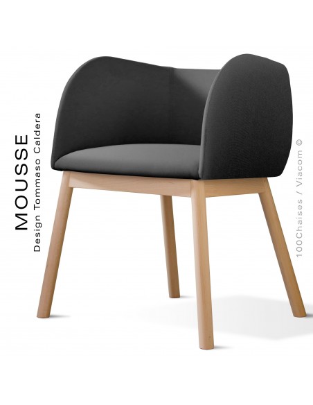 Fauteuil Mousse, piétement bois hêtre naturel, assise et dossier garnie, habillage tissu noir