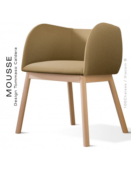 Fauteuil Mousse, piétement bois hêtre naturel, assise et dossier garnie, habillage tissu sable