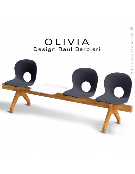 Banc design OLIVIA, piétement bois, assise coque plastique couleur anthacite.