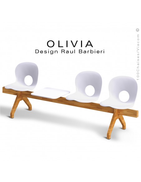 Banc design OLIVIA, piétement bois, assise coque plastique couleur blanche.