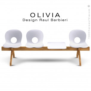 Banc design OLIVIA, piétement bois, assise coque plastique couleur blanche.