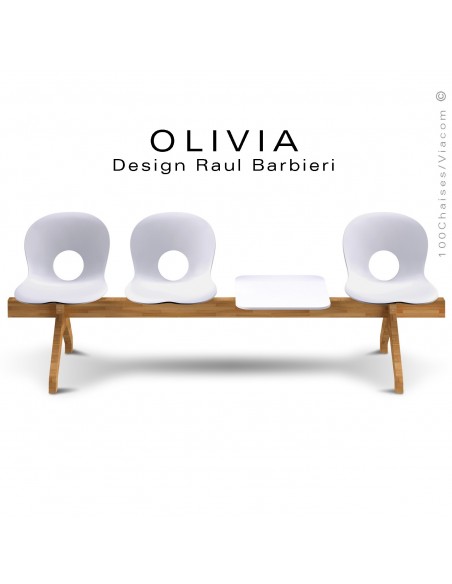 Banc design OLIVIA, piétement bois, assise coque plastique couleur blanche.