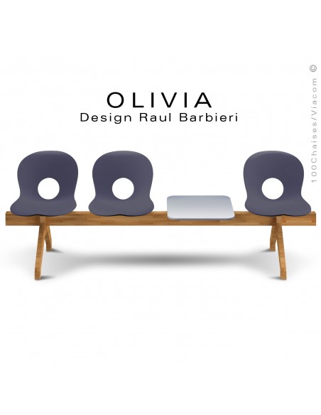 Banc design OLIVIA, piétement bois, assise coque plastique couleur anthracite, tablette gris clair.