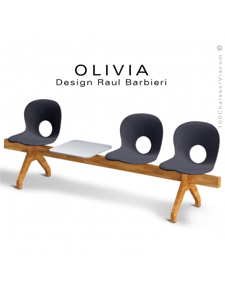 Banc design OLIVIA, piétement bois, assise coque plastique couleur anthracite, tablette gris clair.