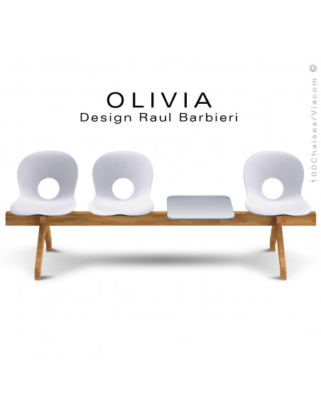 Banc design OLIVIA, piétement bois, assise coque plastique couleur blanche, tablette gris clair.