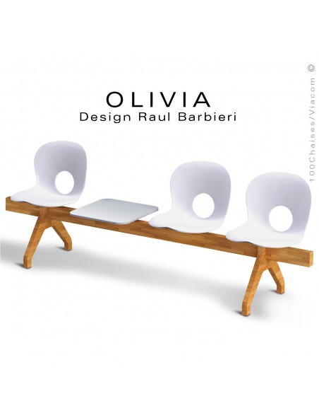 Banc design OLIVIA, piétement bois, assise coque plastique couleur blanche, tablette gris clair.