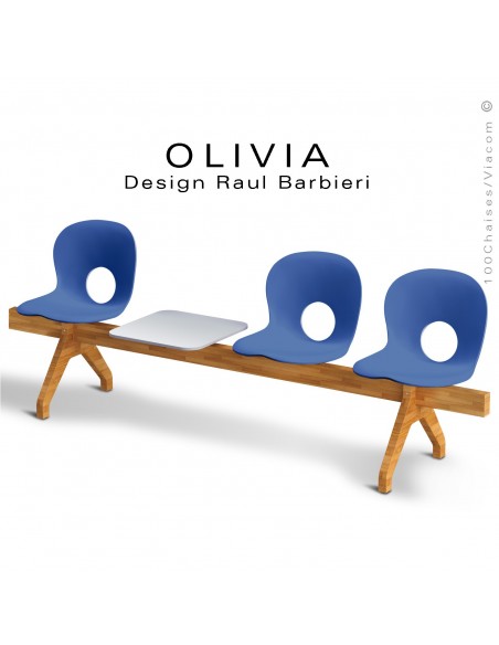 Banc design OLIVIA, piétement bois, assise coque plastique couleur bleu, tablette gris clair.