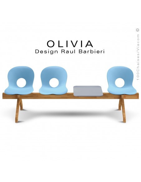 Banc design OLIVIA, piétement bois, assise coque plastique couleur bleu clair, tablette gris clair.