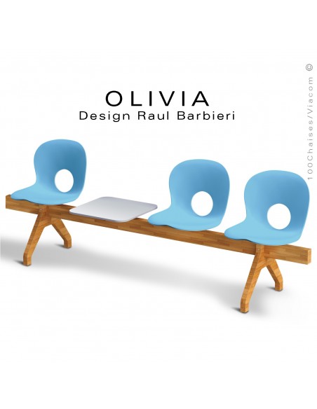 Banc design OLIVIA, piétement bois, assise coque plastique couleur bleu clair, tablette gris clair.