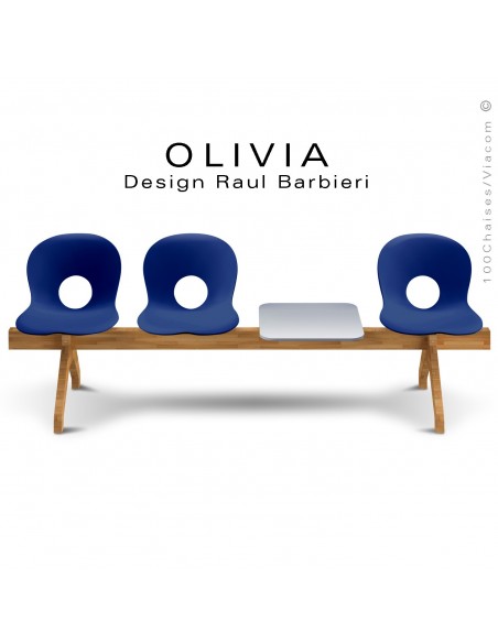 Banc design OLIVIA, piétement bois, assise coque plastique couleur bleu foncé, tablette gris clair.