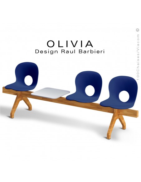 Banc design OLIVIA, piétement bois, assise coque plastique couleur bleu foncé, tablette gris clair.