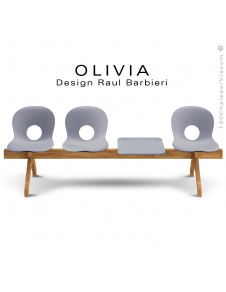 Banc design OLIVIA, piétement bois, assise coque plastique et tablette couleur gris clair.