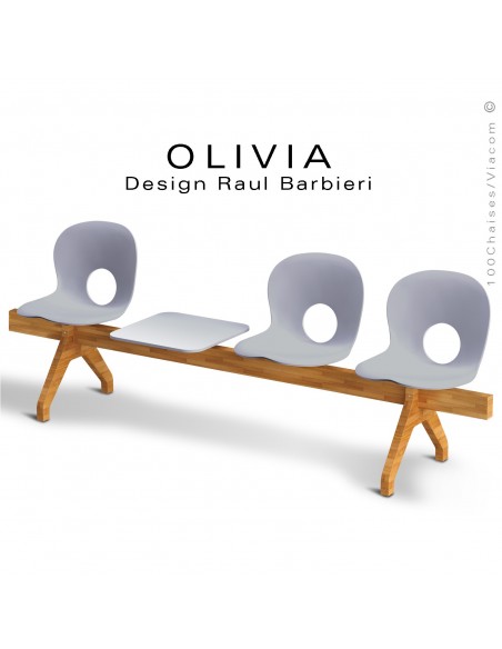 Banc design OLIVIA, piétement bois, assise coque plastique et tablette couleur gris clair.