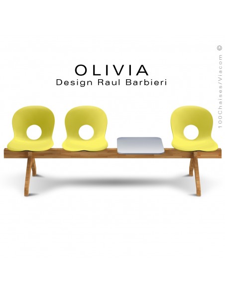 Banc design OLIVIA, piétement bois, assise coque plastique couleur jaune pâle, tablette gris clair..
