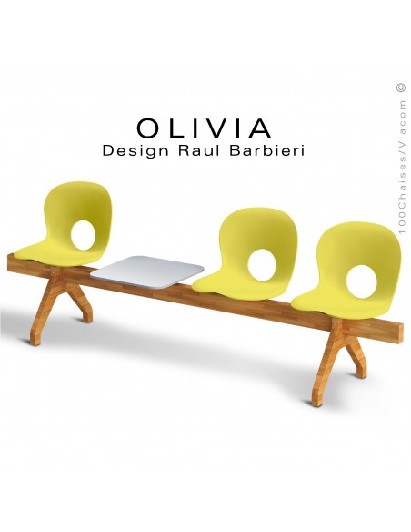Banc design OLIVIA, piétement bois, assise coque plastique couleur jaune pâle, tablette gris clair..