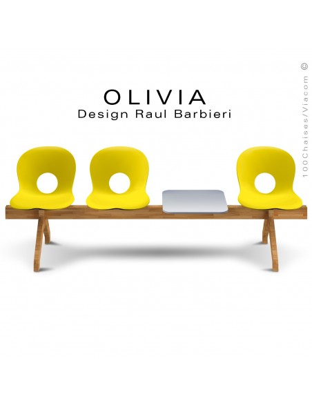 Banc design OLIVIA, piétement bois, assise coque plastique couleur jaune soleil, tablette gris clair..