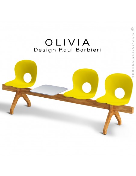 Banc design OLIVIA, piétement bois, assise coque plastique couleur jaune soleil, tablette gris clair..