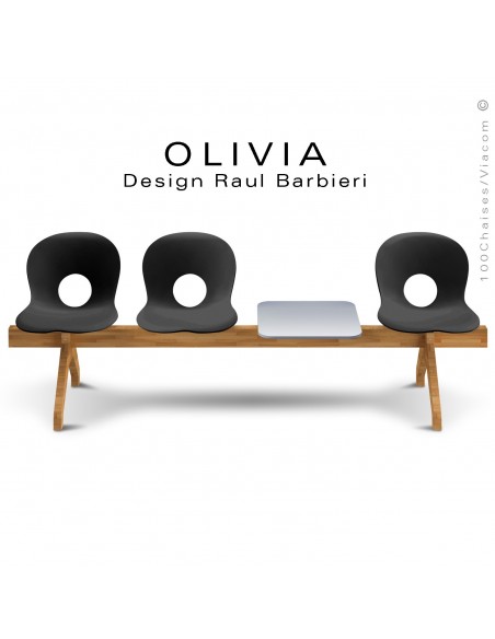 Banc design OLIVIA, piétement bois, assise coque plastique couleur noir, tablette gris clair..