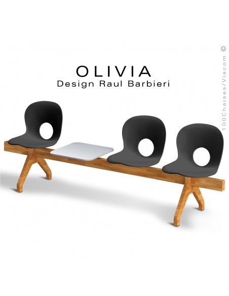 Banc design OLIVIA, piétement bois, assise coque plastique couleur noir, tablette gris clair..