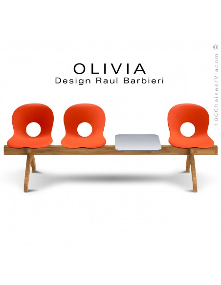 Banc design OLIVIA, piétement bois, assise coque plastique couleur orange, tablette gris clair..