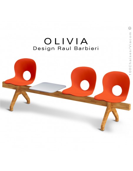 Banc design OLIVIA, piétement bois, assise coque plastique couleur orange, tablette gris clair..