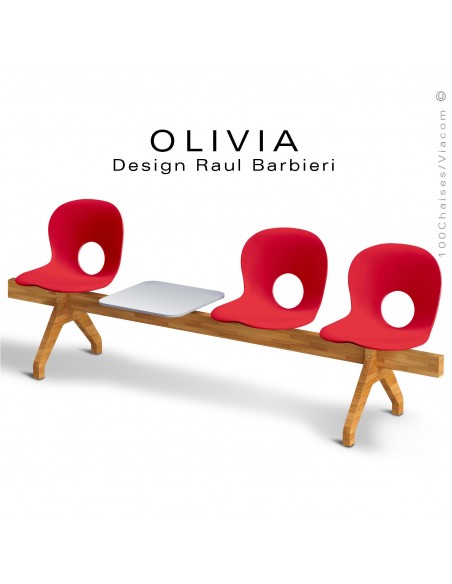 Banc design OLIVIA, piétement bois, assise coque plastique couleur rouge, tablette gris clair..