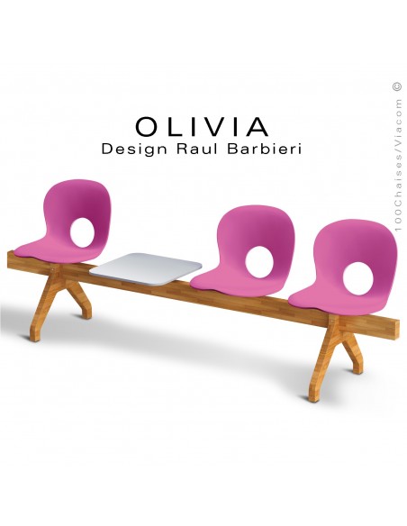 Banc design OLIVIA, piétement bois, assise coque plastique couleur rose, tablette gris clair..