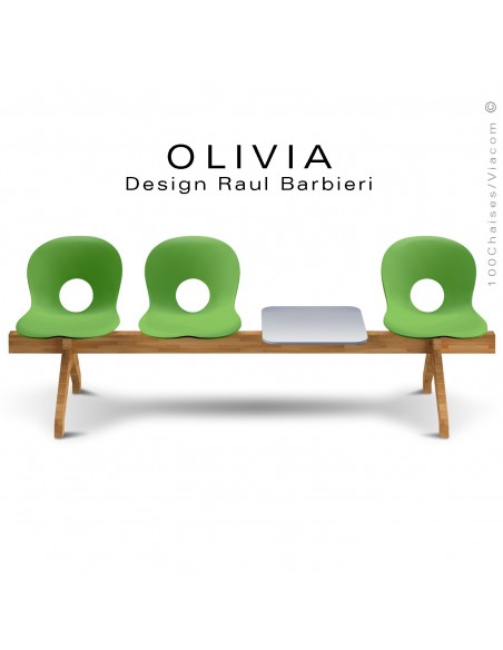 Banc design OLIVIA, piétement bois, assise coque plastique couleur vert, tablette gris clair..