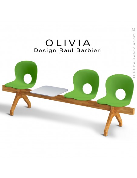 Banc design OLIVIA, piétement bois, assise coque plastique couleur vert, tablette gris clair..