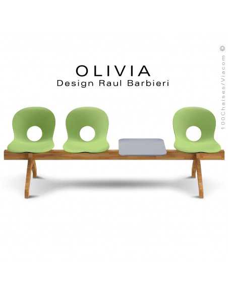 Banc design OLIVIA, piétement bois, assise coque plastique couleur vert pâle, tablette gris clair..
