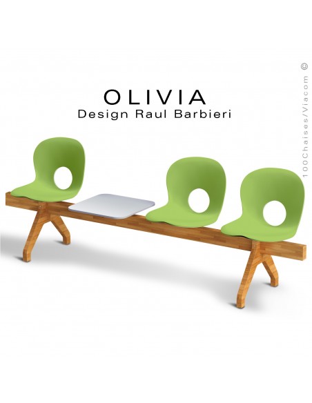 Banc design OLIVIA, piétement bois, assise coque plastique couleur vert pâle, tablette gris clair..