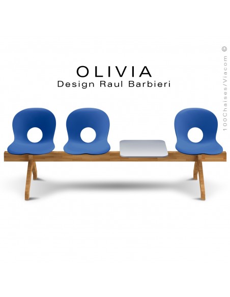 Banc design OLIVIA, piétement bois, assise coque plastique couleur bleu, tablette gris clair.