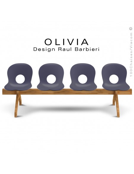 Banc design OLIVIA, piétement bois, assise 4 places coque plastique couleur anthacite.