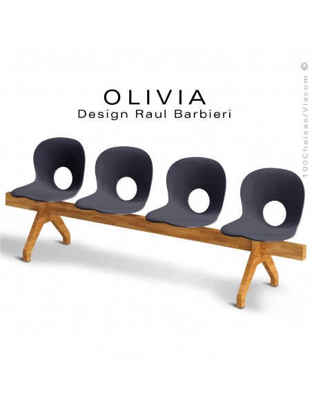 Banc design OLIVIA, piétement bois, assise 4 places coque plastique couleur anthacite.