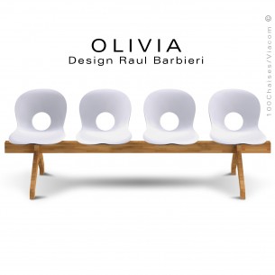 Banc design OLIVIA, piétement bois, assise 4 places coque plastique couleur blanche.