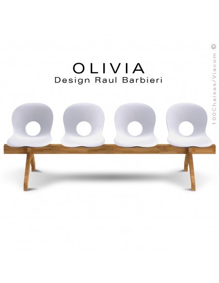 Banc design OLIVIA, piétement bois, assise 4 places coque plastique couleur blanche.
