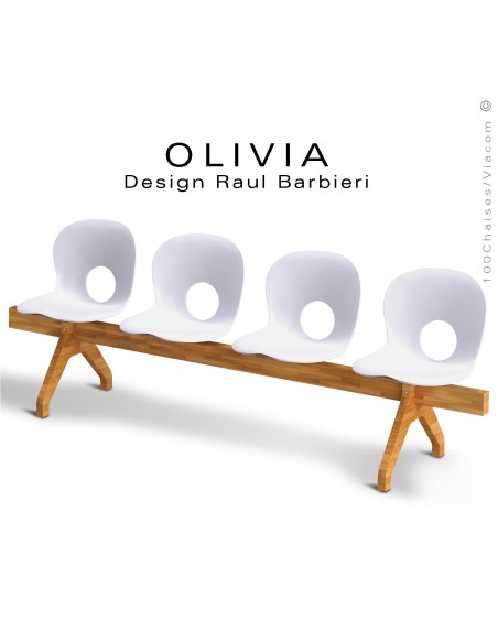 Banc design OLIVIA, piétement bois, assise 4 places coque plastique couleur blanche.