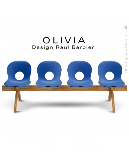 Banc design OLIVIA, piétement bois, assise 4 places coque plastique couleur bleu.