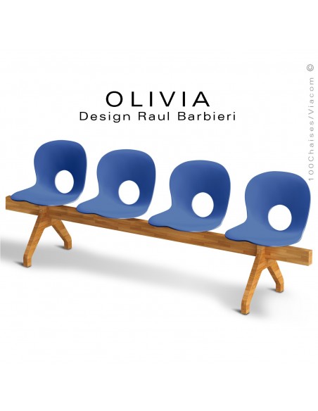 Banc design OLIVIA, piétement bois, assise 4 places coque plastique couleur bleu.
