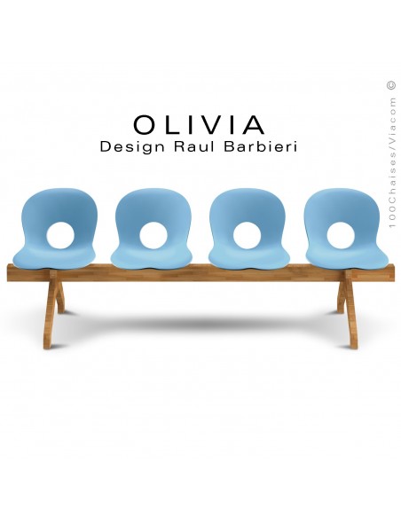 Banc design OLIVIA, piétement bois, assise 4 places coque plastique couleur bleu clair.