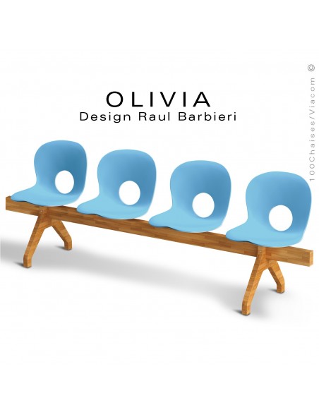 Banc design OLIVIA, piétement bois, assise 4 places coque plastique couleur bleu clair.