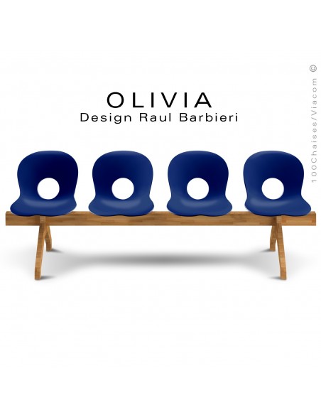 Banc design OLIVIA, piétement bois, assise 4 places coque plastique couleur bleu foncé.