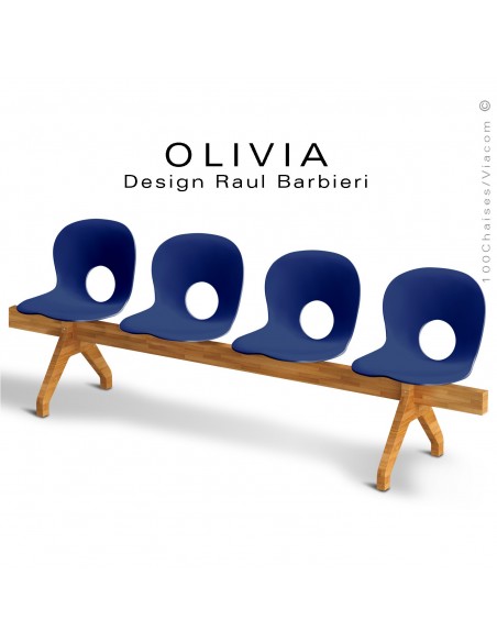 Banc design OLIVIA, piétement bois, assise 4 places coque plastique couleur bleu foncé.