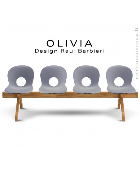 Banc design OLIVIA, piétement bois, assise 4 places coque plastique couleur gris clair.