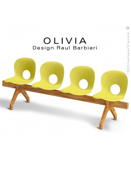 Banc design OLIVIA, piétement bois, assise 4 places coque plastique couleur jaune pâle.