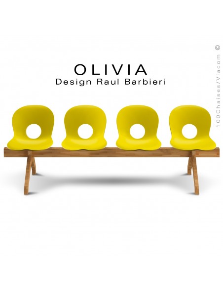 Banc design OLIVIA, piétement bois, assise 4 places coque plastique couleur jaune soleil.