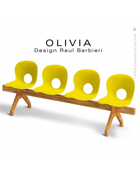 Banc design OLIVIA, piétement bois, assise 4 places coque plastique couleur jaune soleil.