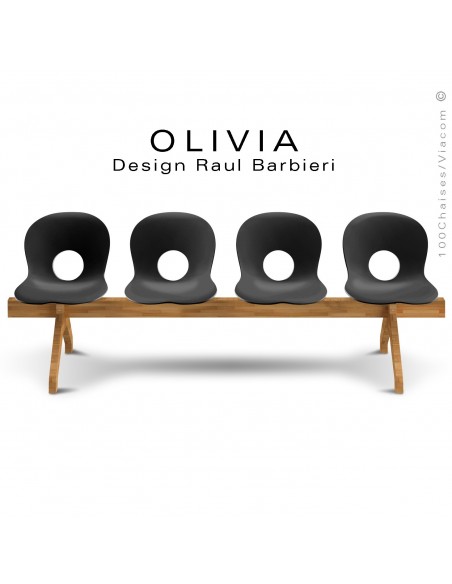 Banc design OLIVIA, piétement bois, assise 4 places coque plastique couleur noir.